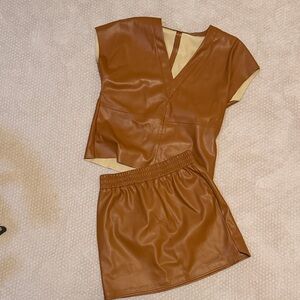 Brown Faux Leather Top and Skirt Set